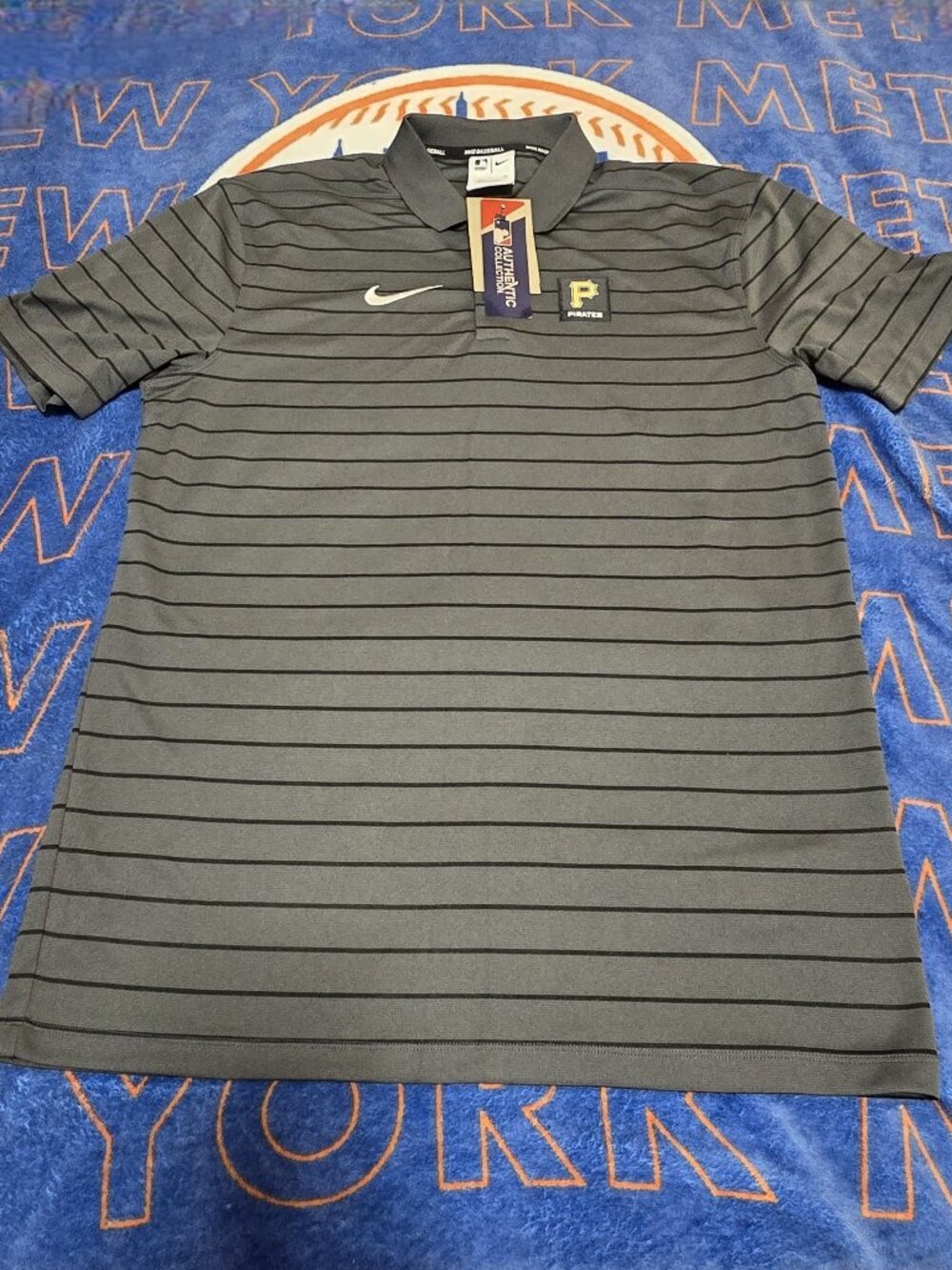 Pittsburgh Pirates Shirt Men S Black Gray Striped MLB Baseball Nike Dri Fit Polo